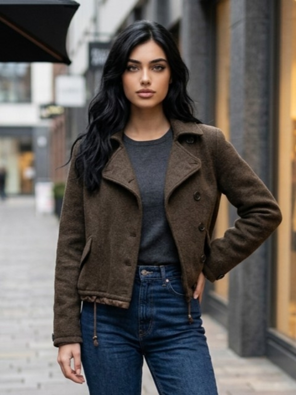 Y2K Gap Brown Wool Tweed Cropped Jacket Double-Breasted Pea Coat/ClassicBomber M